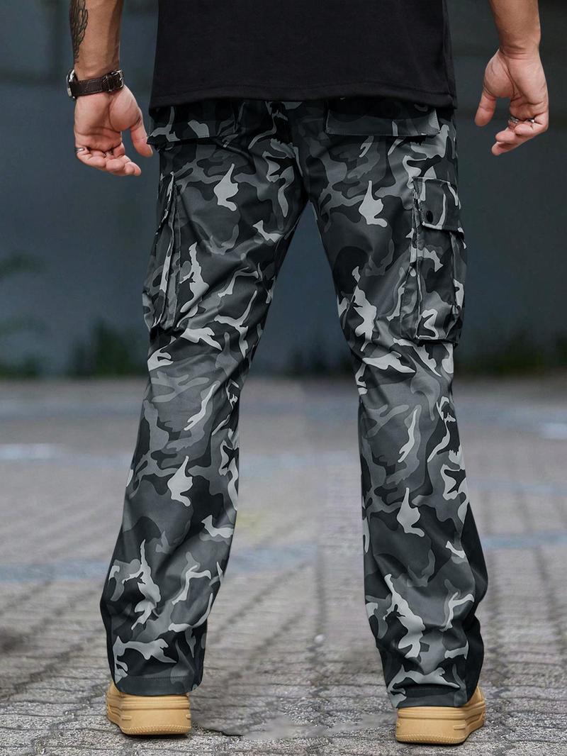 Men's Camo Print Drawstring Waist Cargo Pants, Regular Fit Street Fashion Pocket Split Hem Trousers, Men's Bottoms for All Seasons Daily Wear