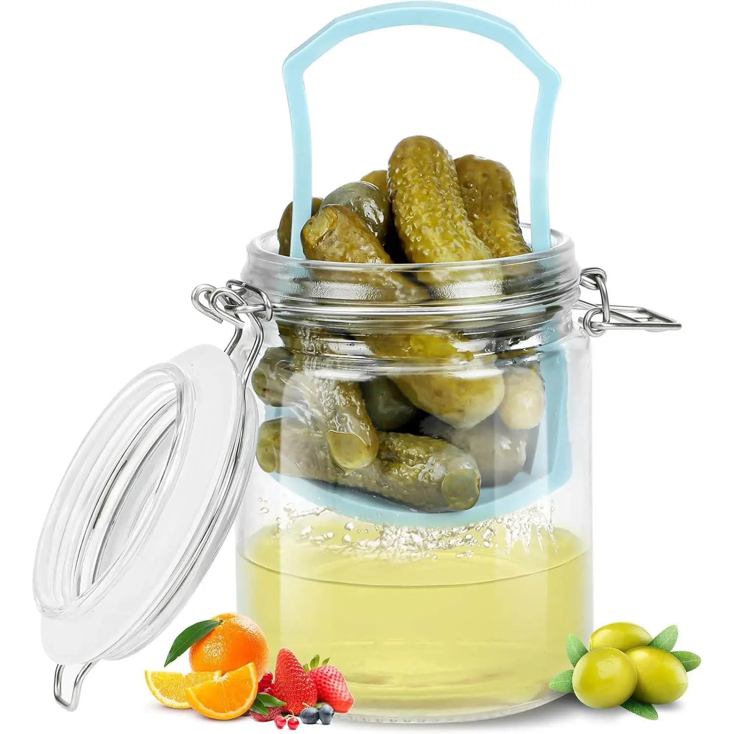 Glass Pickle Jar with Strainer, 25oz Pickle Container with Pickle Holder Keeper Lifter, Pickle Storage Flip Jar for Olives, Gherkins, Sliced Pickles 1