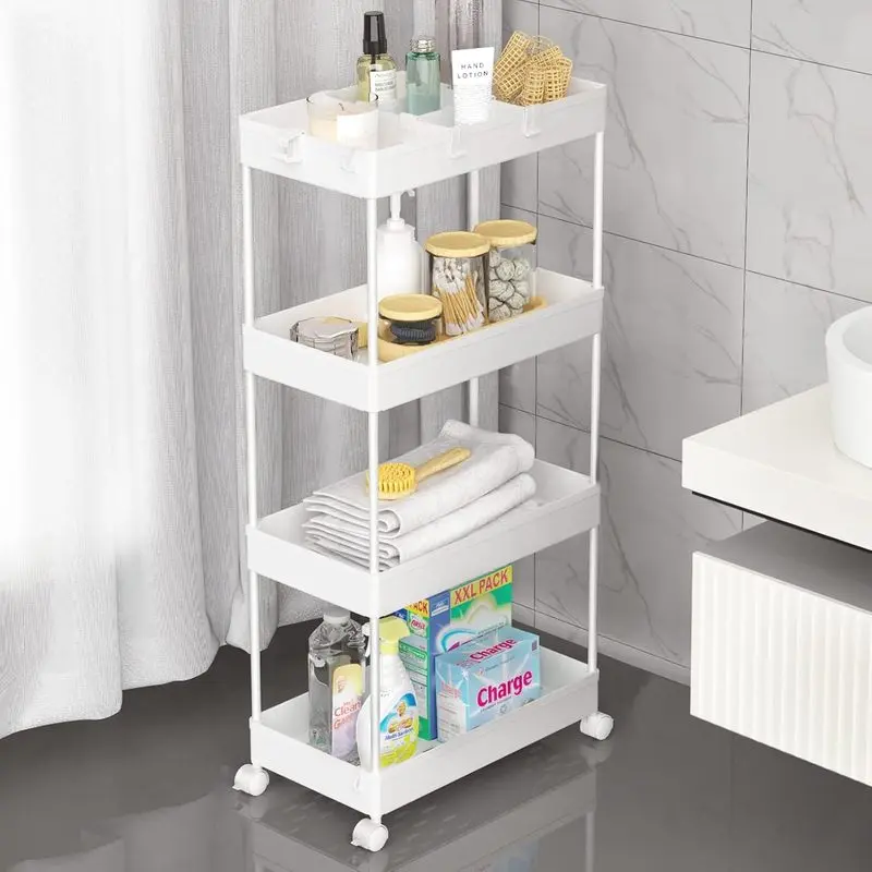 4-Tier Rolling Storage Cart with Wheels and 3 Hanging Baskets, Mobile Utility Organizer for Crafts, Office, Kitchen and Living Room, Easy Assembly