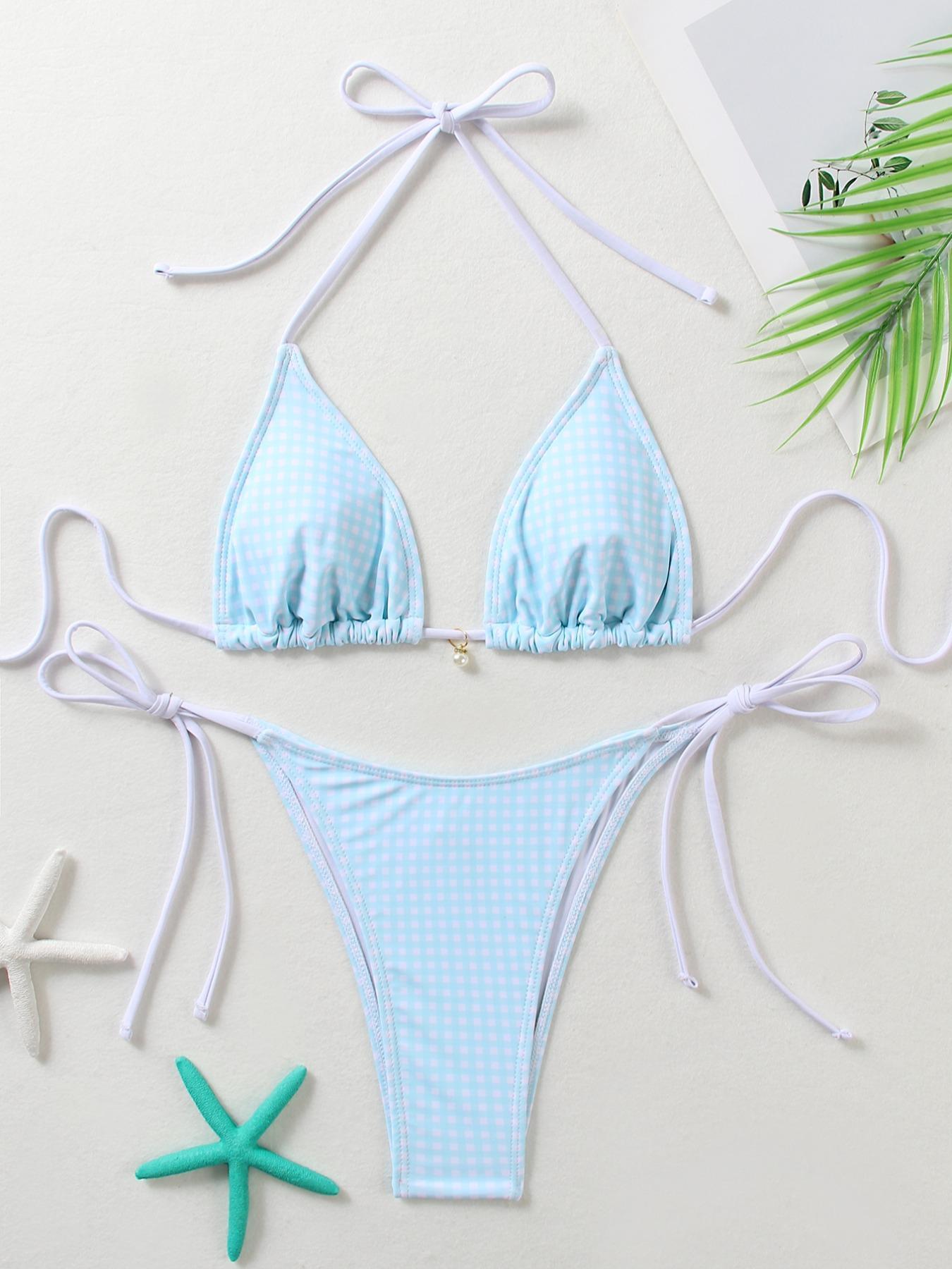 Two-piece Set Women's Gingham Print Halter Ruched Bikini Set, Casual Fashion Chic Swimwear Set for Beach Holiday Vacation, Ladies Swimsuit for All Seasons