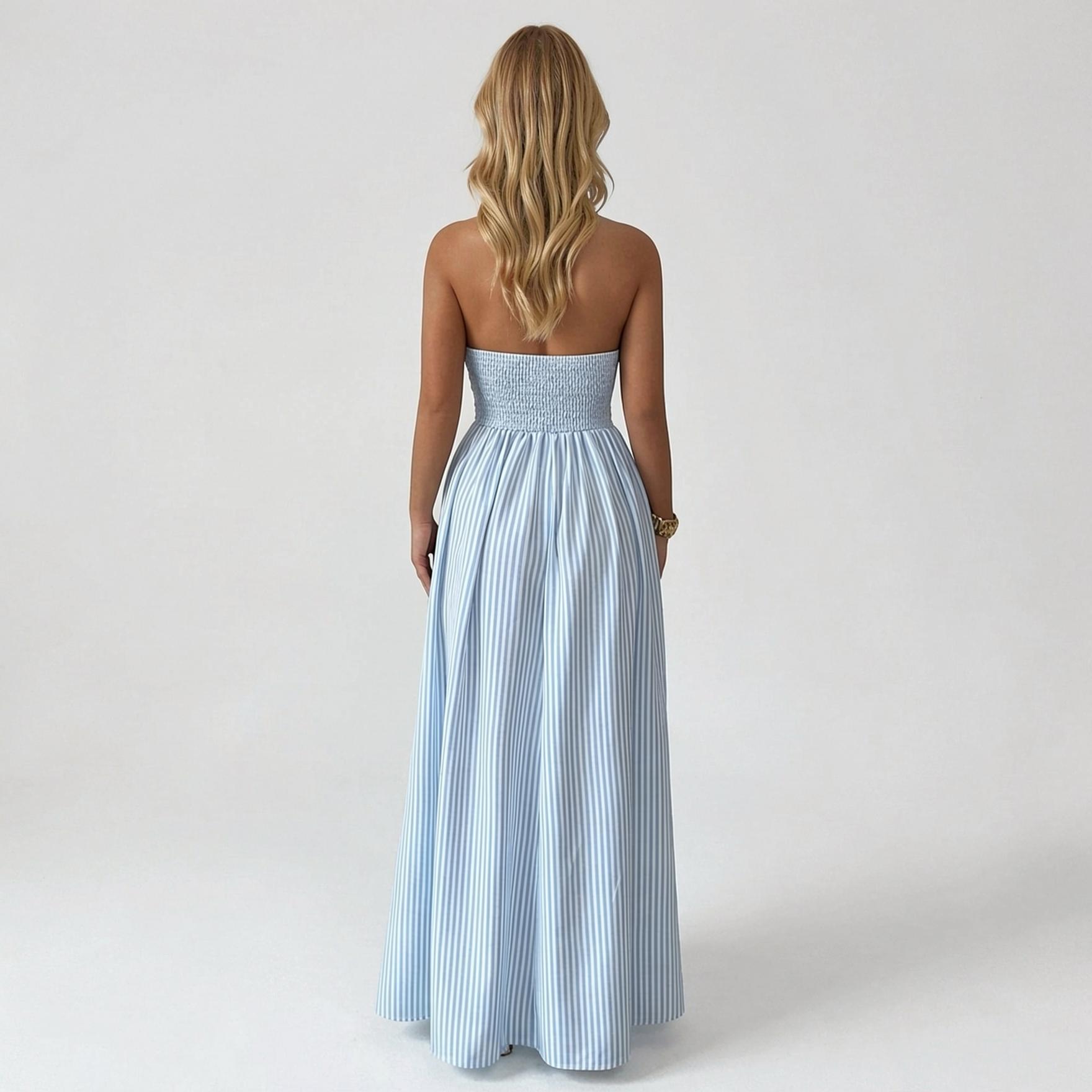 Katch Me Chic Women's Elegant Pinstripe Deep V Neckline Adjustable Halter Maxi Dress,  Summer Lightweight Dresses for Beach Holiday, Comfort Women's Clothing Vneck