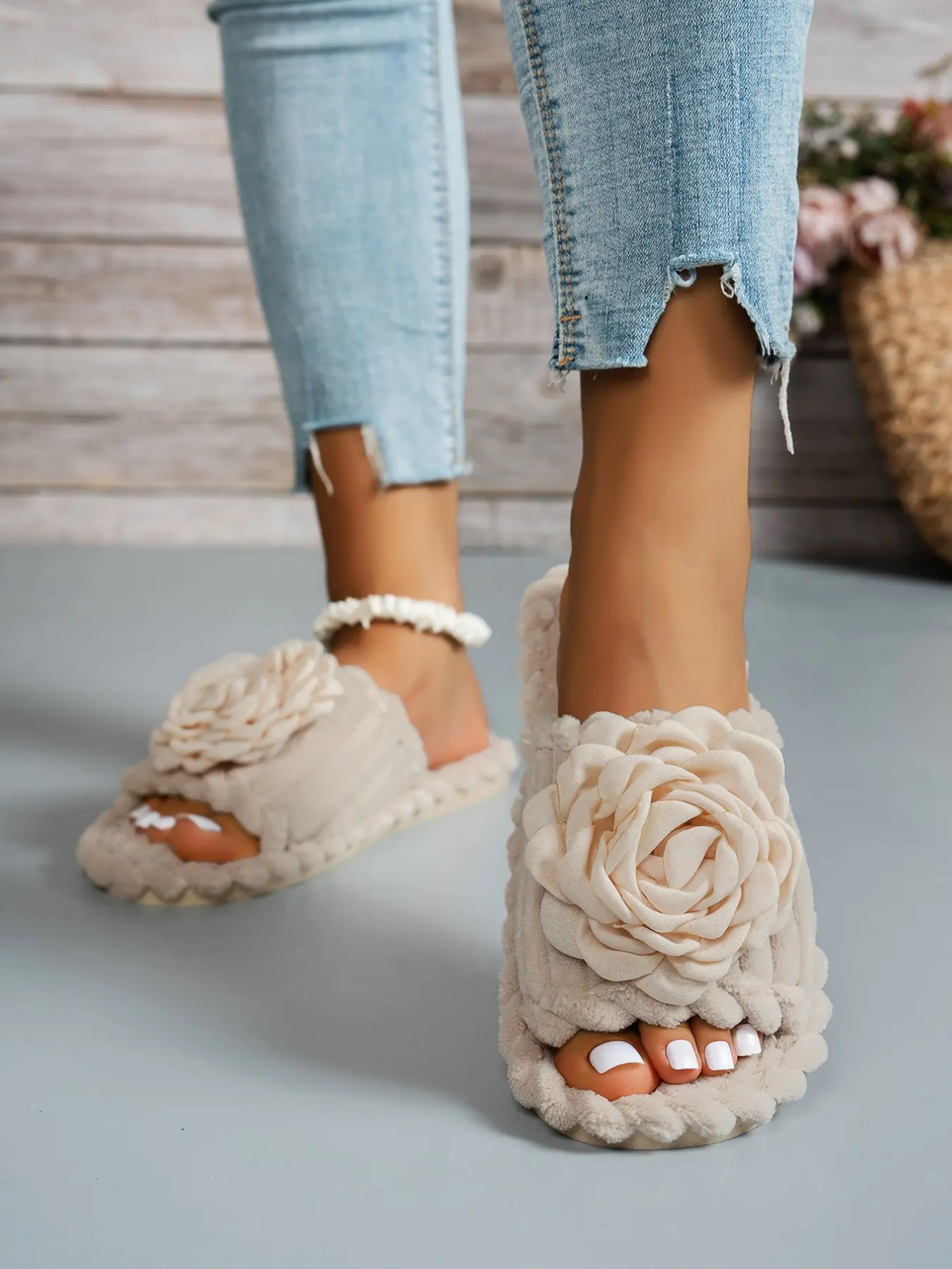 Vintage Rose Fuzzy Slippers for Women, Corduroy Vertical Stripe Soft Sole, Fall Winter Silent Warm Home Shoes, Casual Textile Upper