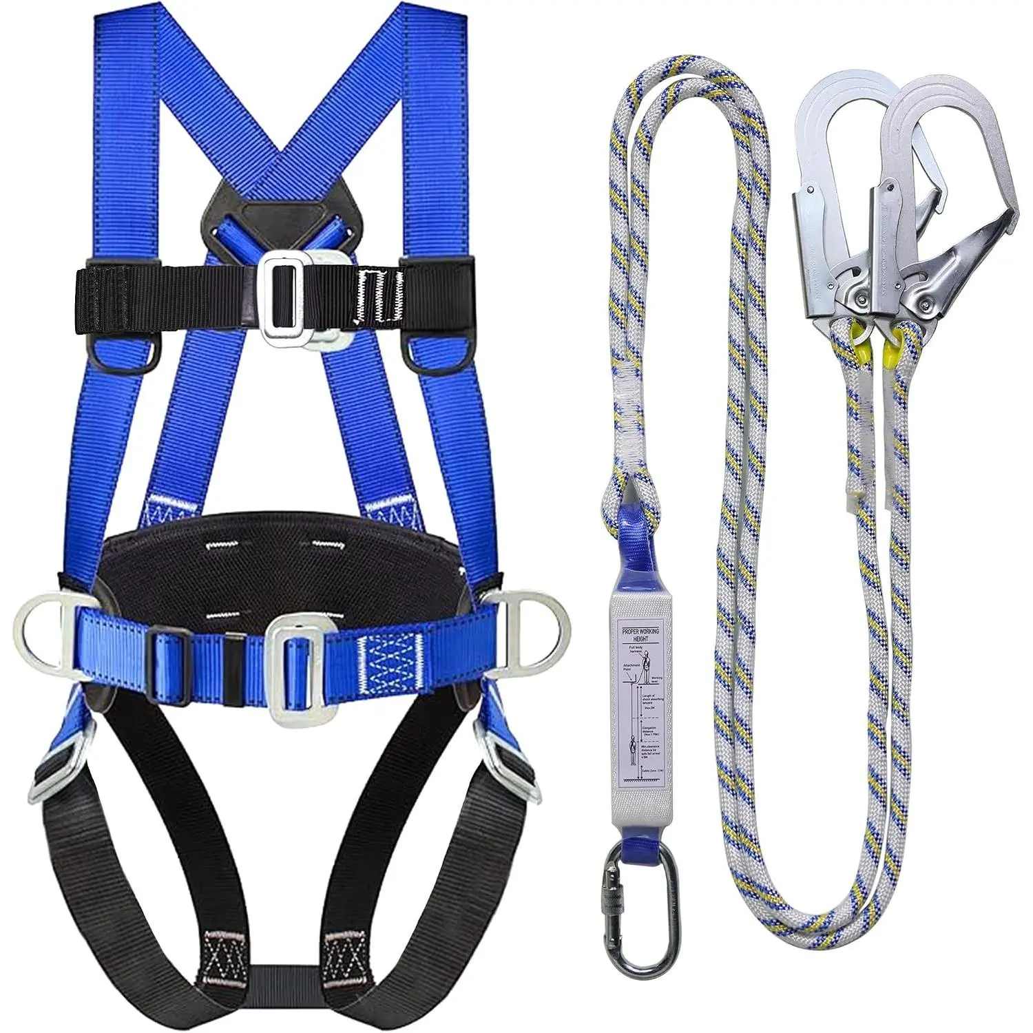 Safety Harness Fall Protection Kit with Shock Absorbing Lanyard, Full Body Roofing Work Safety Harness for Construction (Blue)