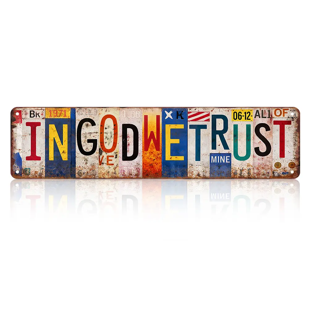 In God We Trust Vintage Multi-State License Plate Collage Long Aluminum Metal Sign 16×4", Rustic Patriotic Inspirational Wall Plaque, Waterproof Man Cave Bar Decor Gift for Garage, Bedroom & Farmhouse