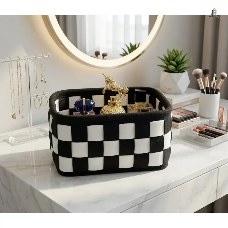 Compact Grid Pattern Storage Basket, Durable Foldable Organizer Bin for Home Organization Storage, Vanity & Desktop Tidying for Small Rooms, Small Room Organization Products, Organizing, Bathroom, Felt, Keys, Modern