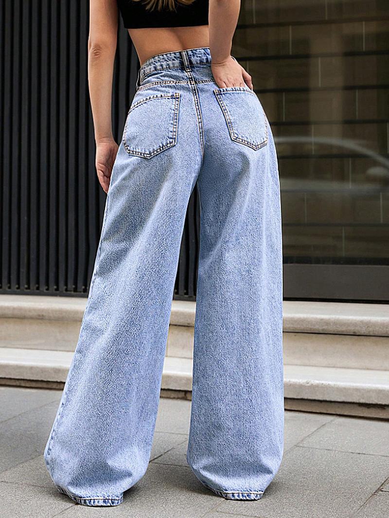 Elegant Women's High-Waisted Wide-Leg Jeans, Long Light Washed Denim Jeans, All-Season Casual Fashion, Slimming Fit