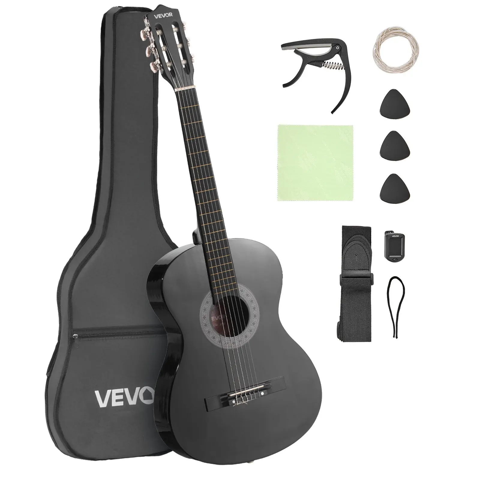 38-Inch Basswood Classical Guitar Starter Kit for Beginners, Nylon Strings, Gig Bag, Strap, Tuner, Extra Strings, Picks, Capo, Black