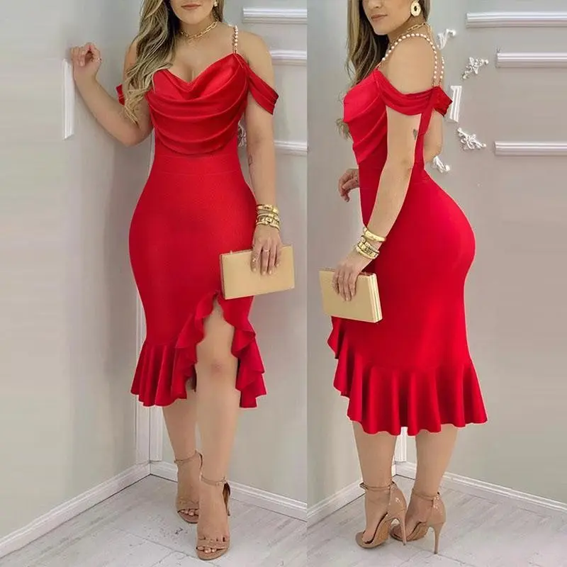 Lululilal  Women's Cold Shoulder Pearls Strap Bodycon Dress Cowl Neck Ruffle Hem Cocktail Evening Party Dresses Fabric Formal Glossy Chic