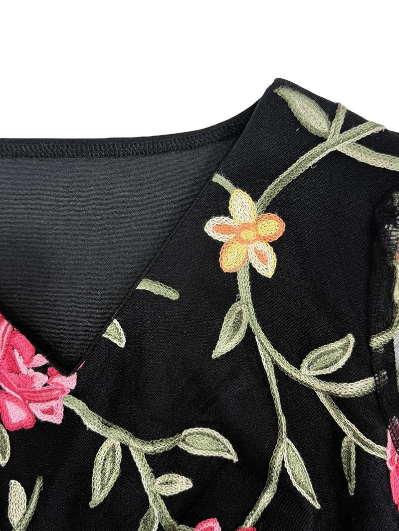 prom dresses, Valentine's Day Women's Floral Embroidery Tulle Patchwork Sheer Mermaid Dress, Elegant Bishop Sleeve V Neck Long Sleeve Dress for Party Holiday Wedding Guest, Ladies Clothes for All Seasons, Fashion Dress