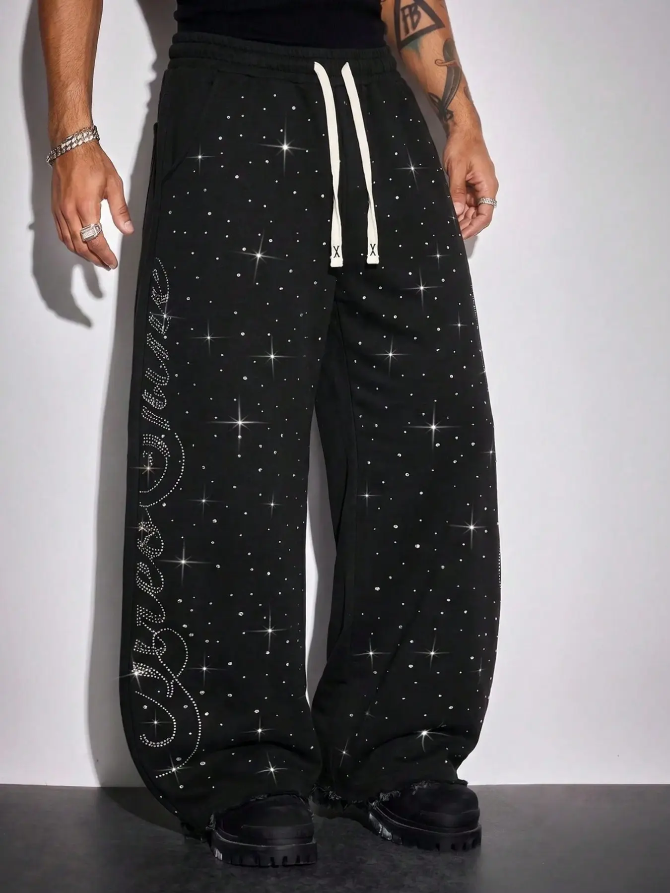 Shiny Rhinestone Wide Leg Sweatpants, Side Letter Rhinestone Loose Pants, Elastic Waist Colorblock Drawstring Hem, Hip Hop Streetwear