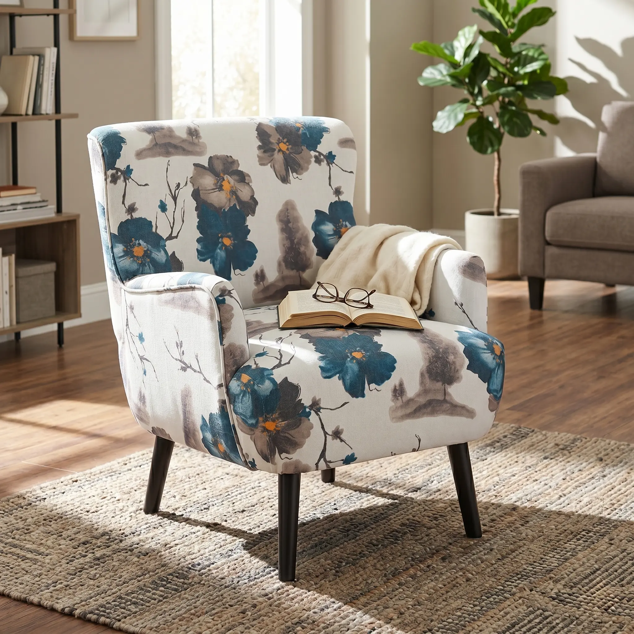 ARCH Modern Upholstered Single Seat Accent Club Chair - Polyester Fabric, Round Arms, Tight Back, White+Blue Rubber Wood Legs, Easy Assembly, for Living Room/Office, 29.1Wx27.6Dx31.9H
