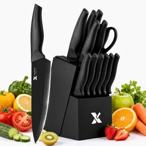 XANAPON 14-Piece Sturdy Kitchen Knife Set with Block, High-Carbon Stainless Steel Knives, Extremely Sharp Blade, Ergonomic Handle, Black Dishwasher-Safe Easy Storage