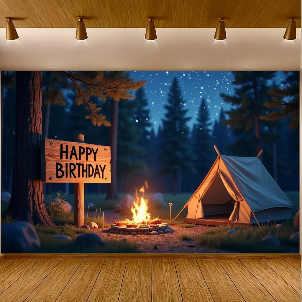 Camping Happy Birthday Backdrop | Outdoor Forest Campfire Party Banner with Tent & Night Scene Decoration