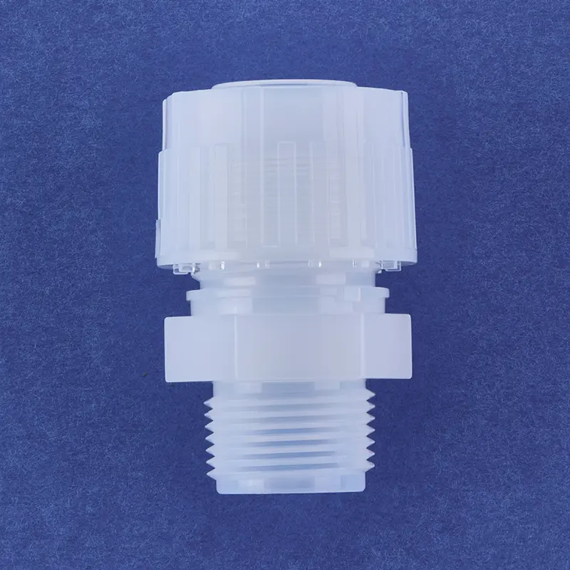 Specialized PFA connectors required by the semiconductor industry, including beaded-to-grooved through-connectors; technical parameters meet SEMI F57 cleanroom standards for the semiconductor industry.