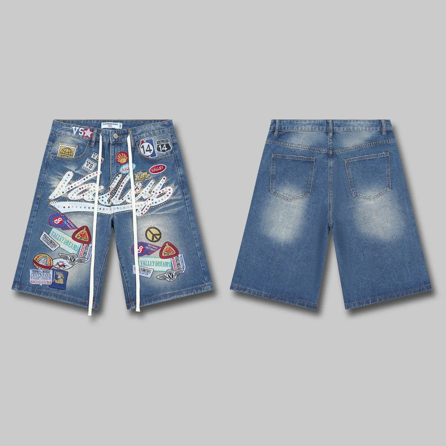 VALE Mens Rhinestone Baggy Denim Shorts Y2K Hip Hop Vintage Washed Loose Fit Knee Length Shorts Letter Embroidery Cartoon Graphic Streetwear Summer Festival Outfit Trendy Style