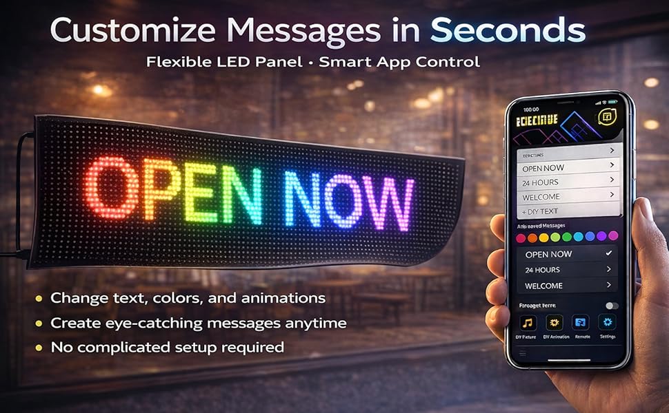 Programmable LED Message Board, Digital Scrolling Sign with App Control for Store Window, Shop, Bar, and Car Display, USB Powered (23 x 4Inch)
