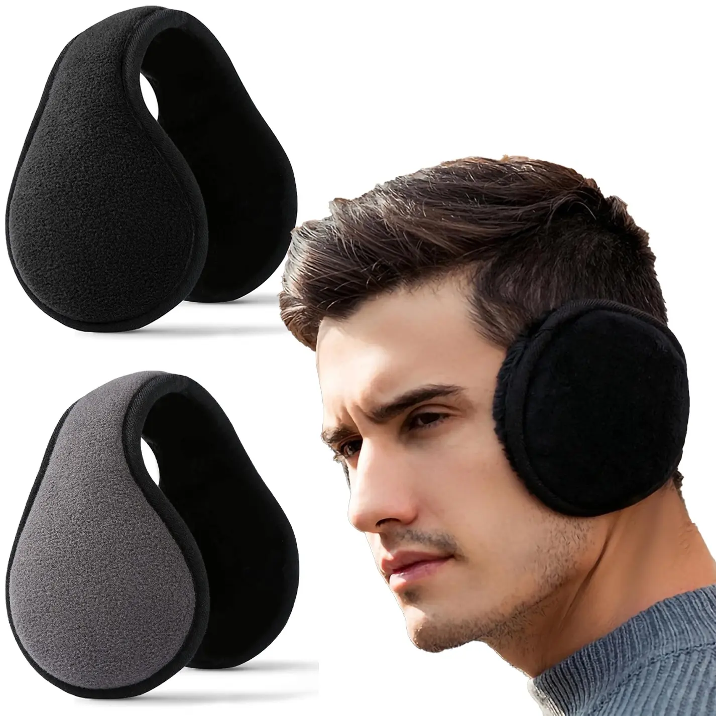 Adjustable Winter Earmuffs for Men Women, Stretchable Behind-the-Head Ear Warmers, Foldable Thermal Fleece Ear Covers, One Size Fits Most for Cold Weather Outdoor Sports
