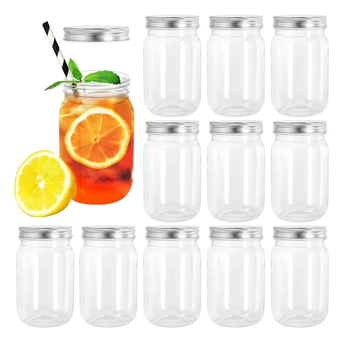 12 Pack Clear Plastic Mason Jars with One Piece Lids, 16 Oz Shatterproof Drinking Jars, Refillable Slime Storage Containers for Overnight Oats, Honey, Spices