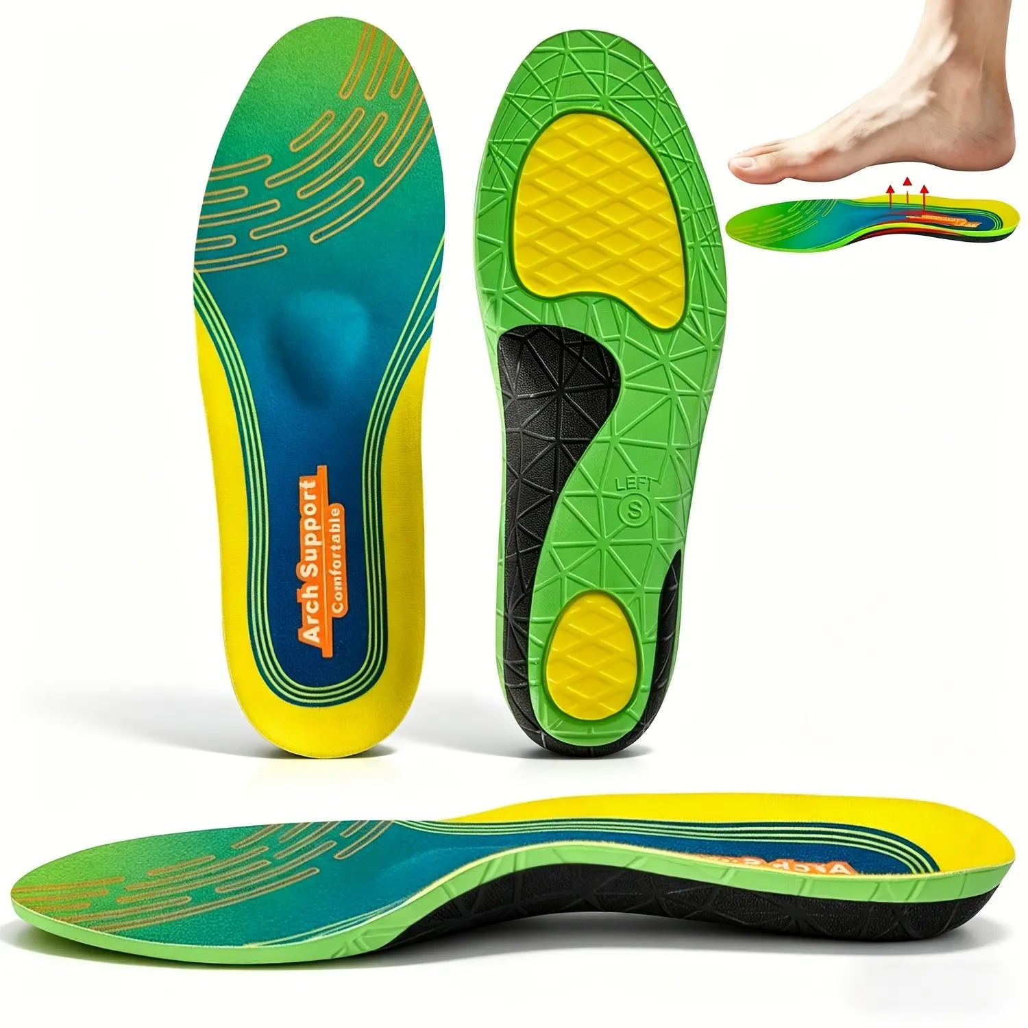 Unisex High Arch Support Orthotic Insoles, U-Shaped Heel Pad, Shock Absorption, Breathable Durable, Suitable for Sports and Casual Shoes