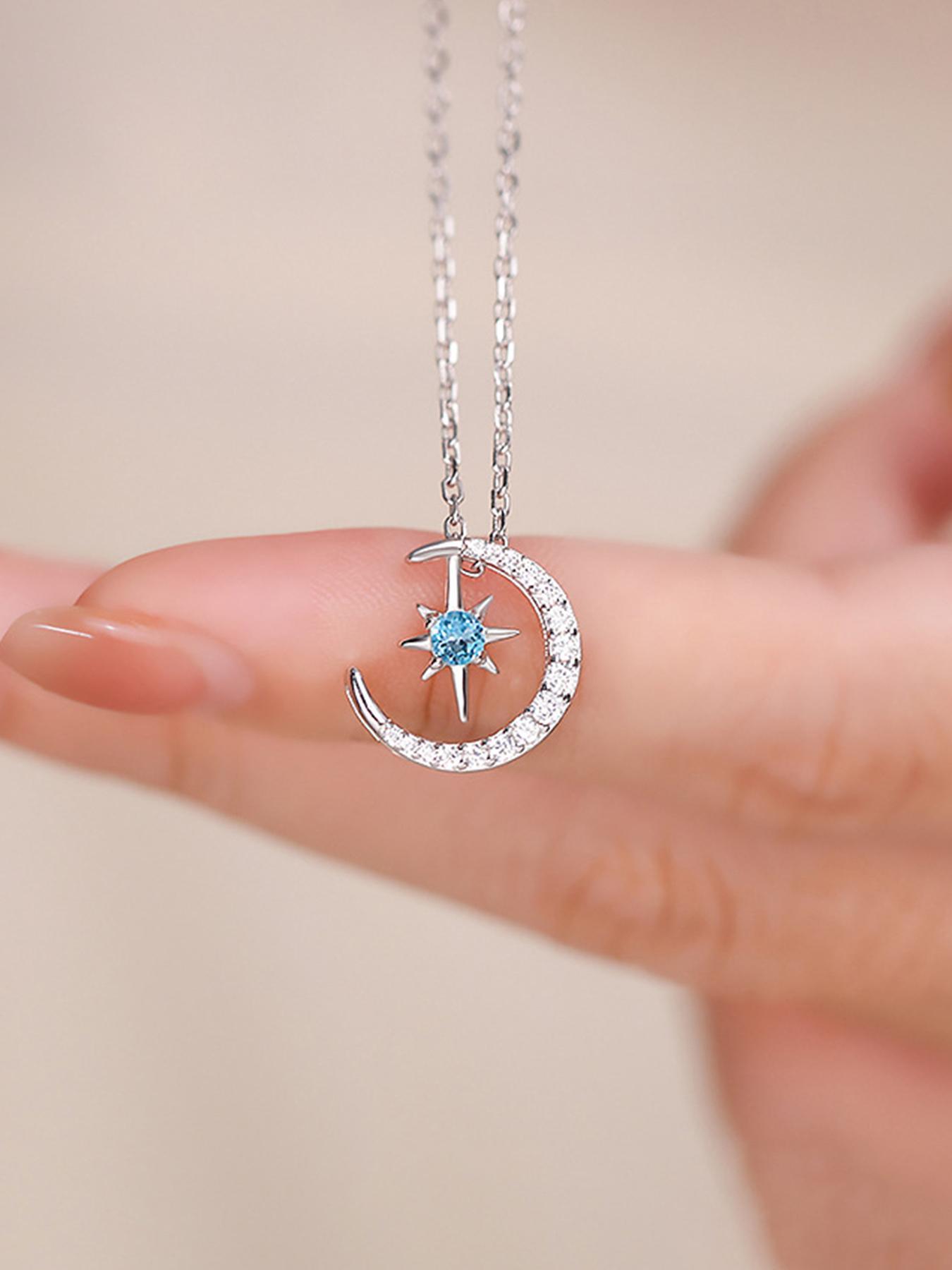 925 Sterling Silver Women's Star & Moon Design Pendant Necklace, Exquisite Trendy Pendant Necklace, Chic Jewelry As Gift for Girlfriend, High End Necklace