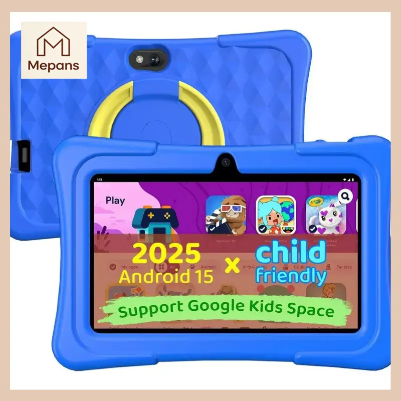 7-inch Android 15 Tablet with Durable Shockproof Case, 8GB Flash Memory + 32GB Memory (1TB Expandable via Card), Quad-Core, Bluetooth 5.0, WiFi 5, Parental Control, Dual Camera, Games Compatible (Blue)