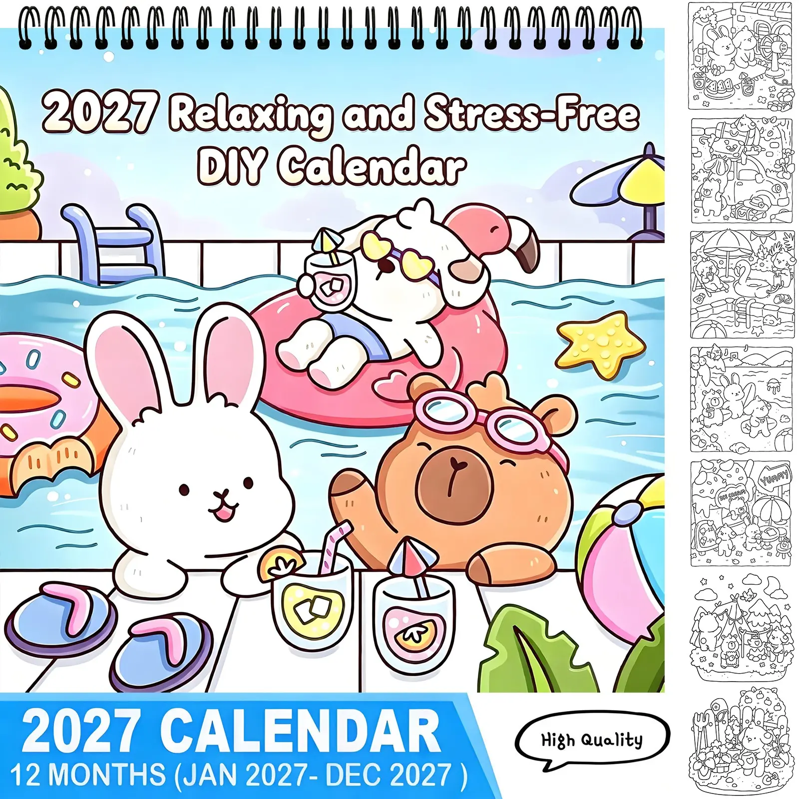 2027 Cute Cartoon Animals DIY Coloring Calendar 12 Months Stress Relief Relaxing Hand-drawn Line Art Desk Calendar for Adults Kids Art Craft Gift,TikTokMadeMeBuyIt,kids calendar,new year calendar,coloring page calendar