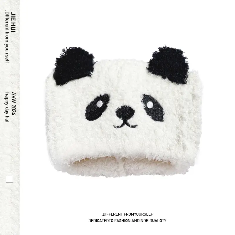 Warm Knitted Panda Headband for Women & Girls, Cute Coral Fleece Windproof Band, Autumn Winter Hair Accessory