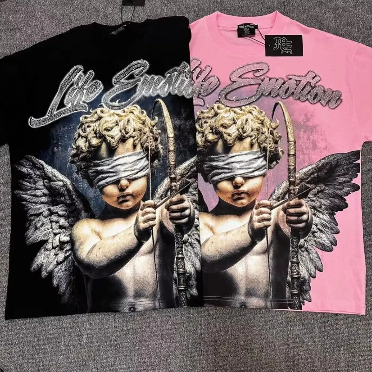 2026 MIXED EMOTION Rhinestone Short Sleeve Men Women Tshirt Streetwear Cotton Loose Round Neck Top Tees Oversized Tee Top Trendy