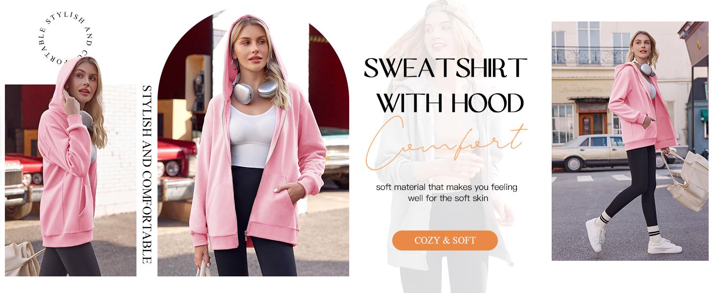 Yousify Women Casual Full Zip Up Plush Hoodie Comfy Loose Solid Sweatshirt Long Sleeve Jacket with Pockets