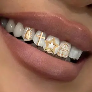 Fashion Unique Design Copper Inlaid Zircon Cross Hollow Star Hip Hop Teeth Grillz Body Jewelry Halloween Party Essential Gift