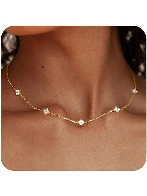Dainty Flower Necklace 14K Gold Plated Flower Collarbone Chain Women's Cute Simulated Diamond Necklace Personalized Fashion Gold Jewelry Gifts for Teen Girls, Mothers and Girlfriends