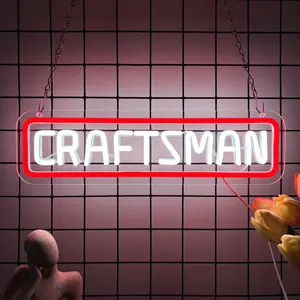Vibrant "CRAFTSMAN" LED neon sign—USB-powered, wall-mountable, and dimmable—perfect as wall art for tool rooms, workshops, man caves, and bars