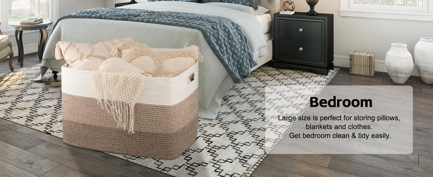 Extra Large Blanket Basket, Rectangle Woven Cotton Rope Storage Basket,Used for storing Dirty Clothes, Stuffed Animal Toy Storage for Living Room,Kids Room,25" x 17" x 16", decorative organizer box
