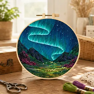 Adult Beginner Embroidery Kit, Starry Night Aurora Pre-Printed Pattern, Includes Fabric, Needles, Thread, Frame, Perfect for DIY Gifts