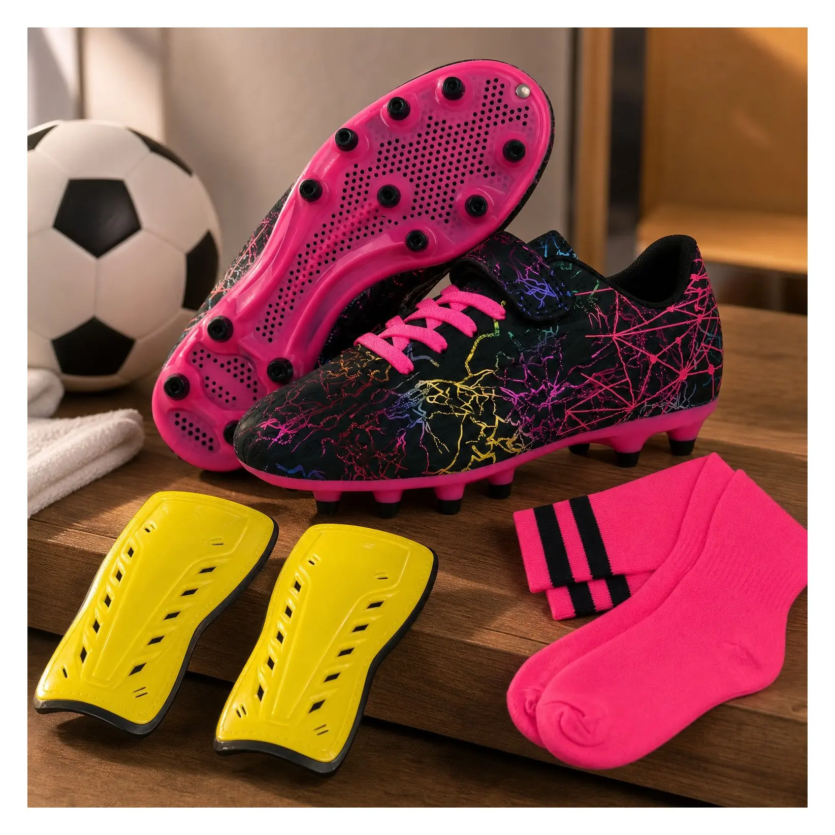 Kids Firm Ground Soccer Cleats for Girls - Football Cleats with Shin Guards and Soccer SocksGift
