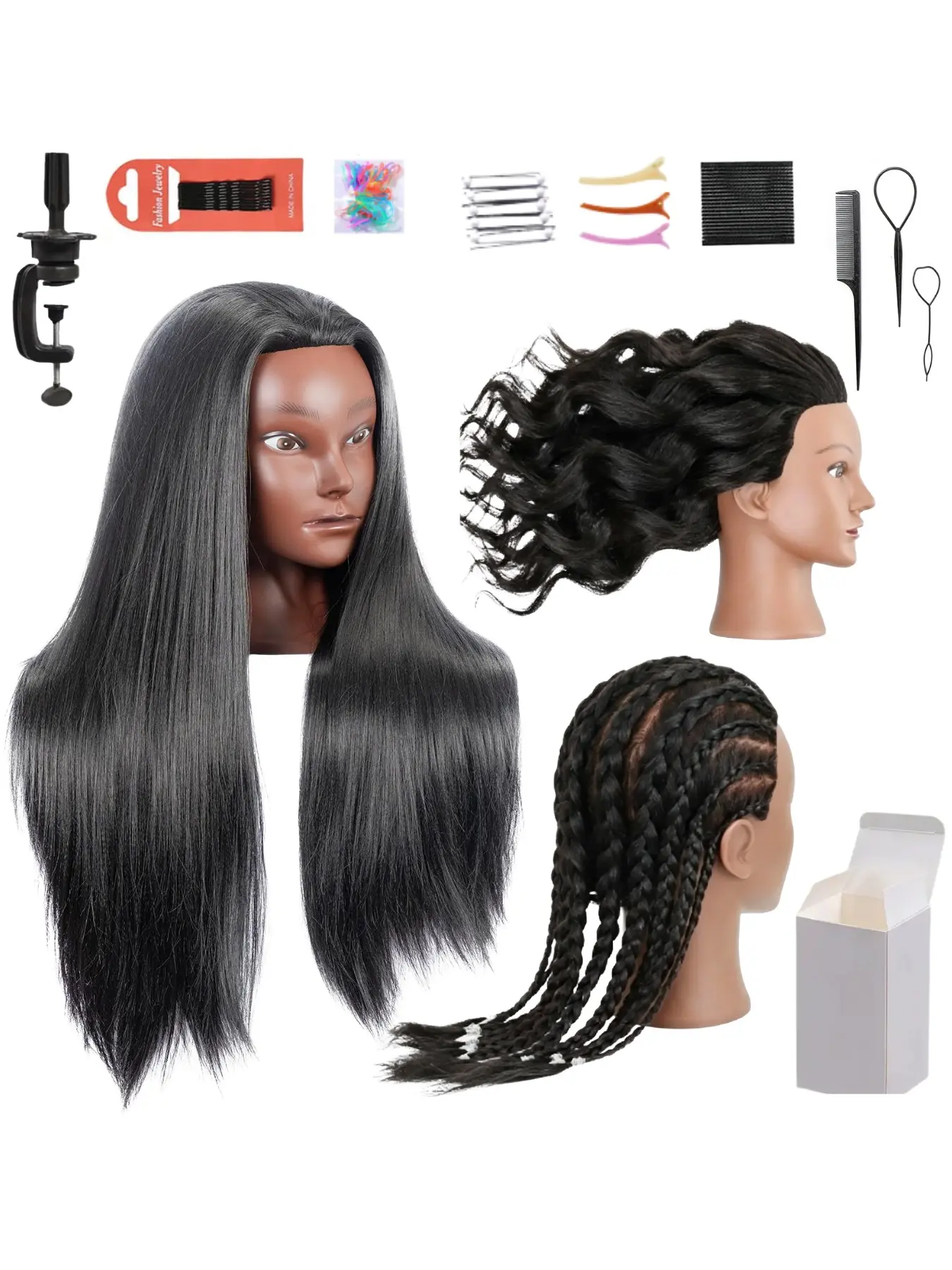 Black Synthetic Hair Braiding Mannequin Head with Full Styling Tools & Table Clamp, Dark Skin Training Doll Head for Box Braids, Knotless Braids & Updos Practice, Perfect for Beginner Braiders & Cosmetology Students