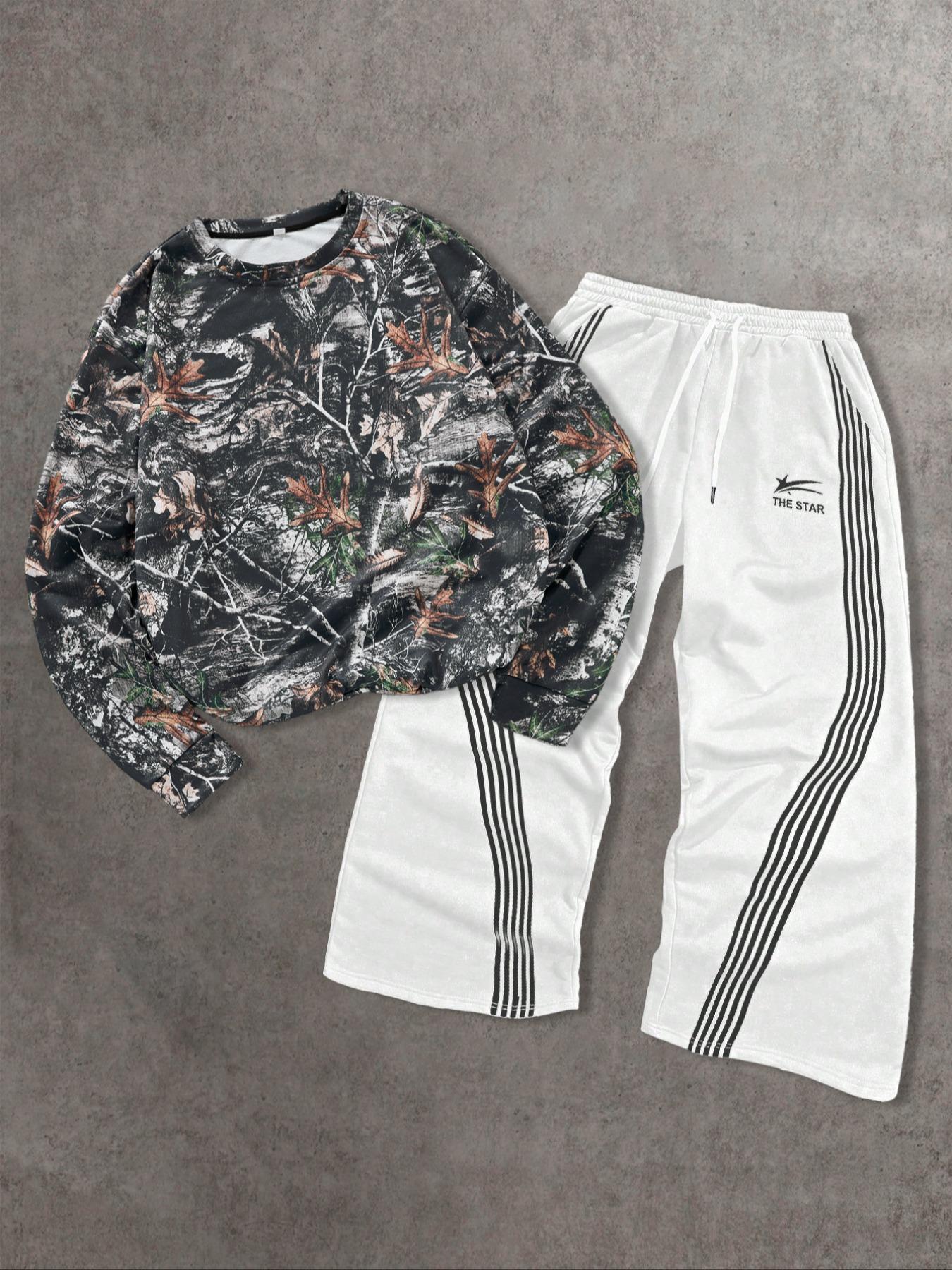 Two-piece Set Men's Branch Print Drop Shoulder Sweatshirt & Striped Print Wide Leg Pants, Regular Fit Casual Fashion Cozy Round Neck Long Sleeve Pullover & Elastic Waist Trousers for Daily Wear, Men's Outfits for Fall & Winter