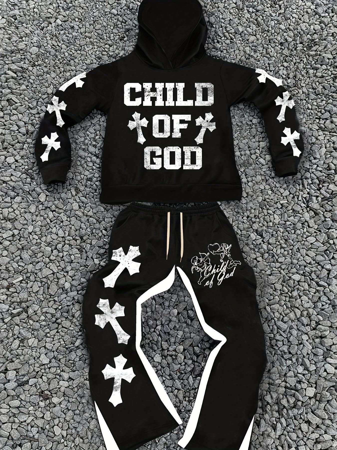 Men's casual fashion "Youngsters OF GOD" printed hoodie and sweatpants set - polyester, machine washable, black with white cross design, ideal for fall and winter leisure, oversized hoodie SpringStatements