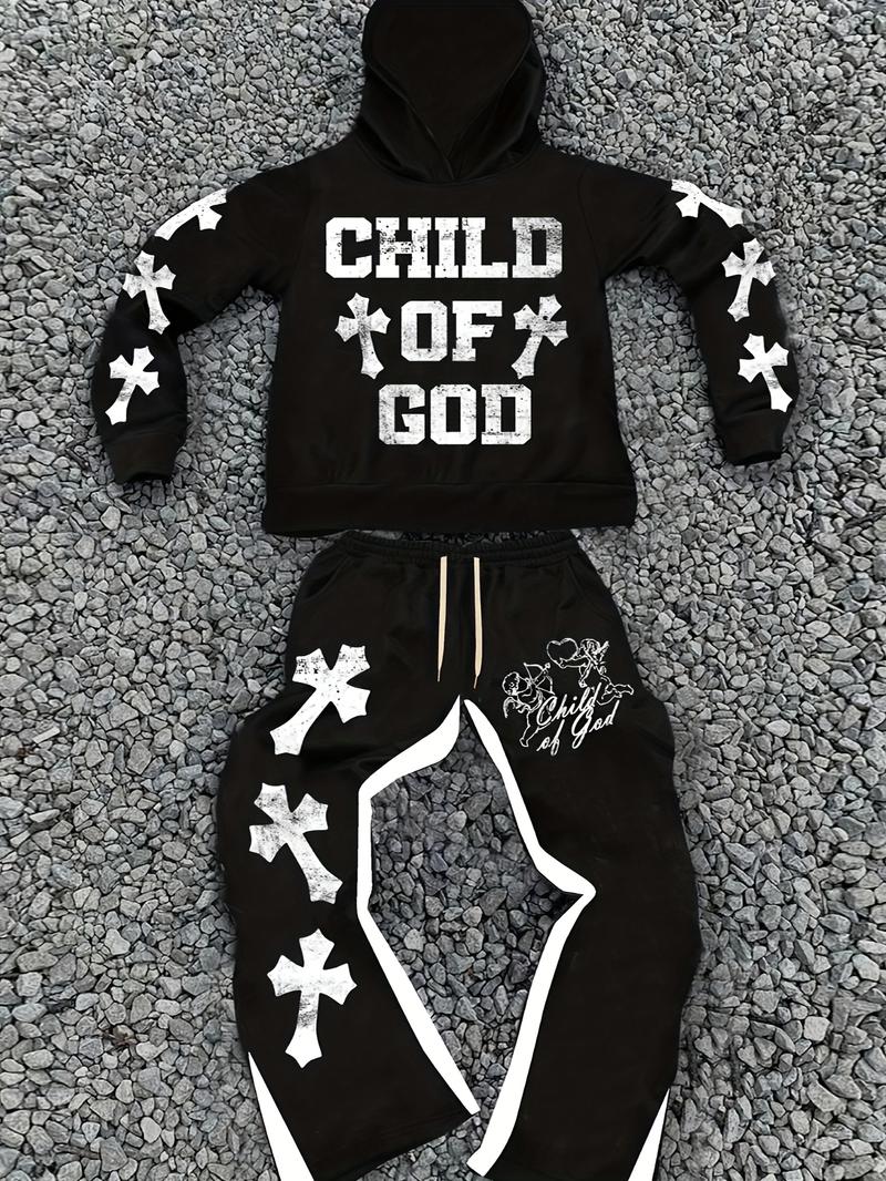 Men's casual fashion "Youngsters OF GOD" printed hoodie and sweatpants set - polyester, machine washable, black with white cross design, ideal for fall and winter leisure, oversized hoodie