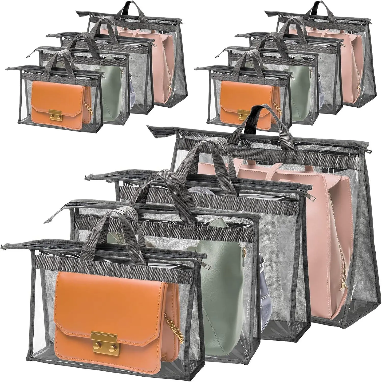 12 Pack Dust Bags for Handbags, Clear Handbag Storage Organizer for Closet, Purse Protector Storage Bag with Zipper and Handle, Hanging Dust Cover Bag for Handbag