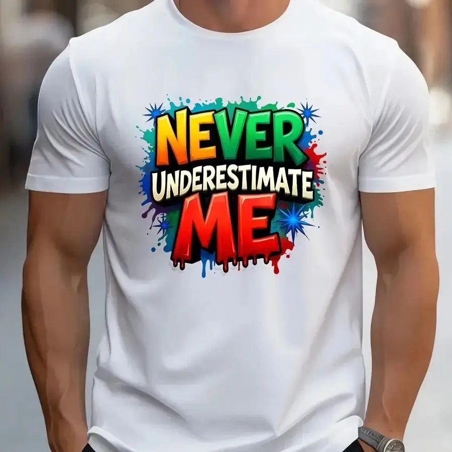 【New Arrival】Menswear Cotton Fabric Short-Sleeve T-Shirt, Unisex Round Neck Casual Wear, Bold "Never Underestimate Me" Graffiti Graphic Motivational Top, Shortsleeve, Bold Graphic, Bold Text Slogan Men's Short-Sleeve T-Shirts