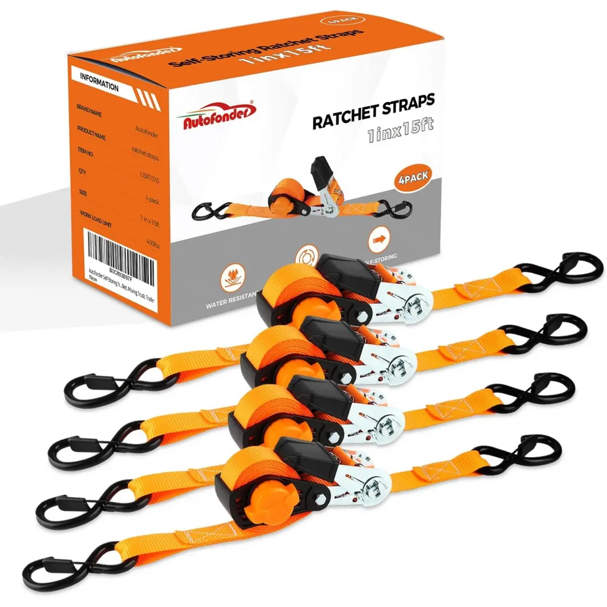 Heavy Duty Ratchet Straps 4-Pack - 15 FT - 1500 LB Break Strength - Safety Lock Chromoly S Hooks - Retractable NeatStrap Cargo Straps for Bikes, Moving - Pickup Bed Tie Down Tools That Quickly Anchor Into Tie Down Anchors to Secure Bikes
