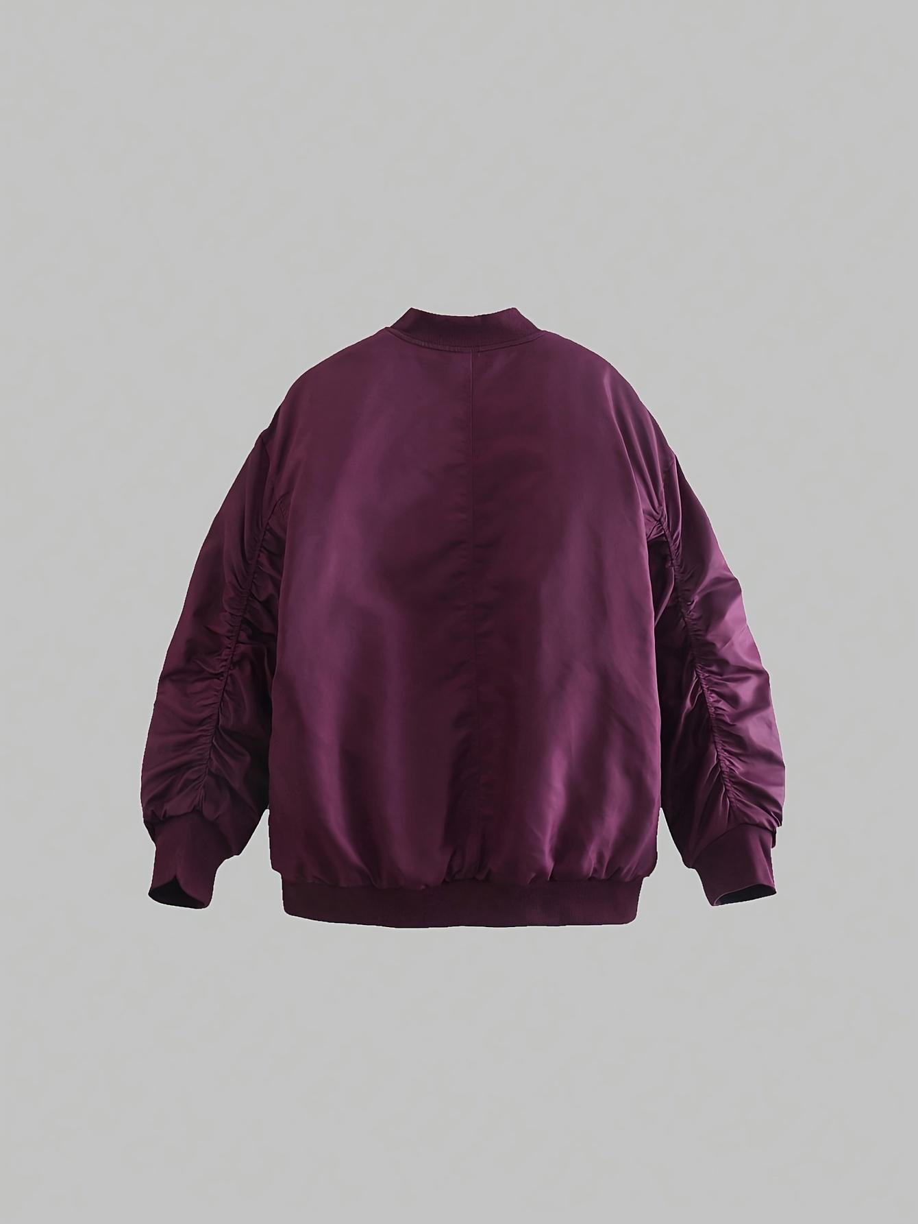 Women's Casual Loose-Fit Long Sleeve Bomber Jacket with Baseball Collar & Zipper Front - Solid Color Machine-Washable Fall Winter Versatile Outerwear, Seasonal Fashion, Nonstretch Material