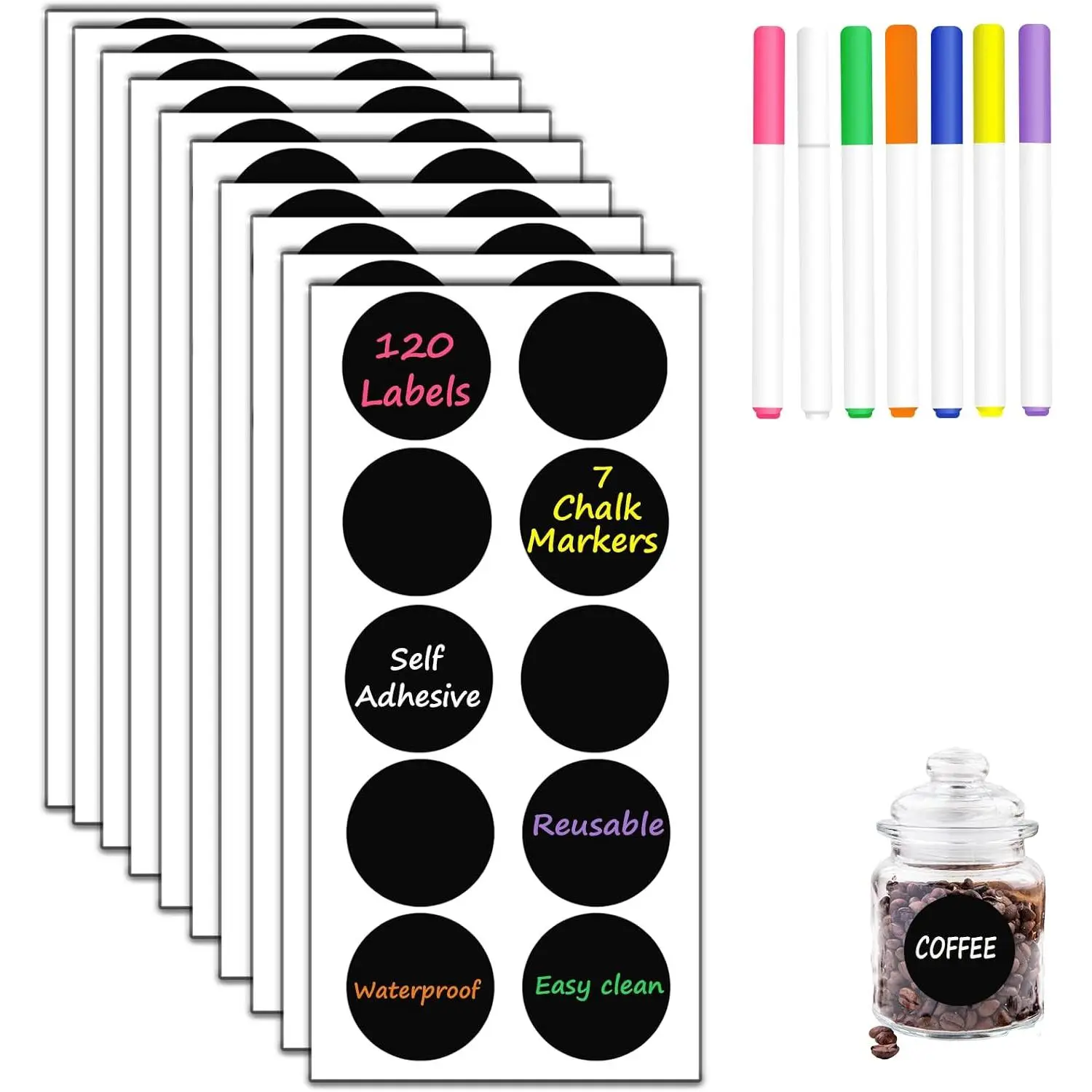 Round Chalkboard Label Stickers, 120-Pc Set with 7 Markers | 120 Labels, 7 Markers, Round Shape, 5 x 5 cm,  Writing Surface, Pantry Jars,  Containers, Storage Bins