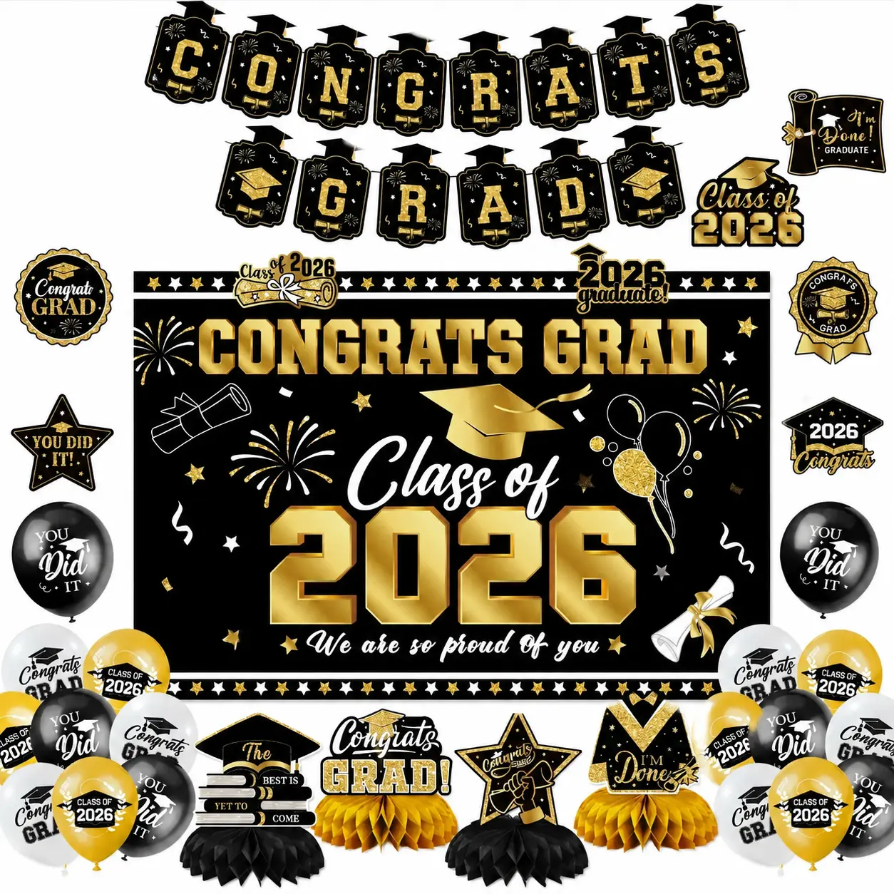 2026 Graduation Decoration Kit – Premium Black and Gold Theme with Vinyl Backdrop, Metallic Balloons, Elegant Congratulatory Banner, Coordinated Table Centerpieces, and Photo Booth Props for High School Senior Celebrations, Home Parties, and Graduation Gi