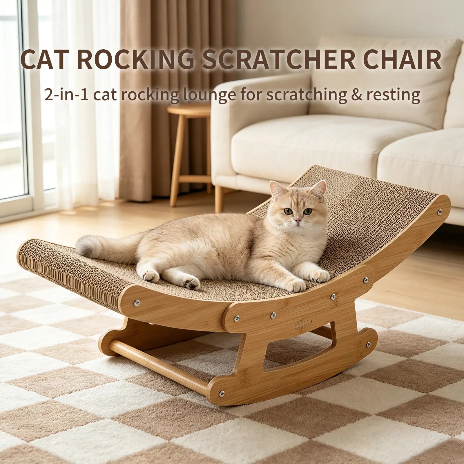 Cat Scratcher Lounge Bed, 2-in-1 Interactive Cat Tree Toy, Sturdy Solid Wood & Durable High-Density Cardboard Furniture, Modern Aesthetic Home Style for Indoor Cats Self-Playing & Sleeping