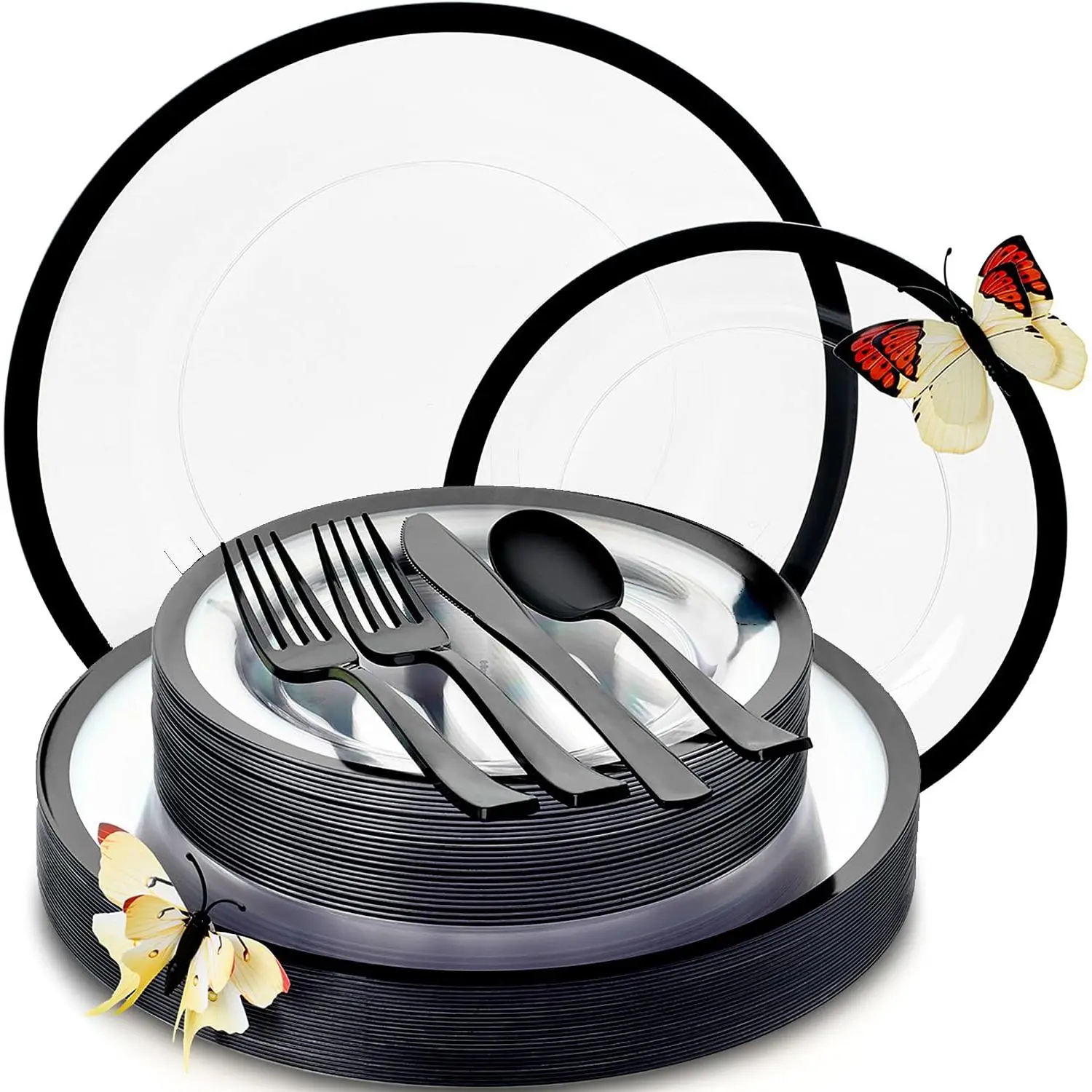 HEAVYWEIGHT 150 count Clear and Black Plastic Plates and Utensils Set | Fancy Plastic Dinnerware Sets with  of  Butterflies for Table Decor (25 Guests)