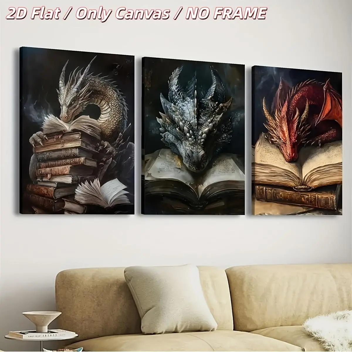 3-Piece Fantasy Mythical Dragon Wall Art Canvas Prints - White Decorative Posters for Living Room, Bedroom Home Decoration, Printable Large Newspaper Sport Themed Accents