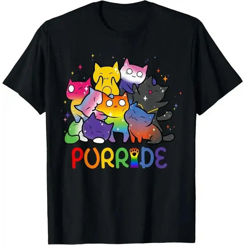 100% Cotton Soft Round Neck Shortsleeve Unisex Crew Neck Sports T-Shirt - Purride Rainbow Cat Pride Ally LGBT, Men's Workout Top, 4-Season Casual Streetwear Gym Clothing, Breathable Fabric, Tee