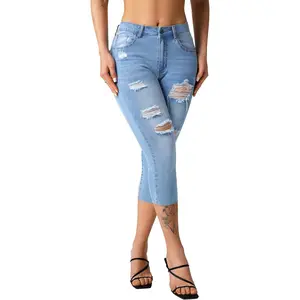 Women's Ripped Stretch Denim Mid Rise Skinny Cropped Pants